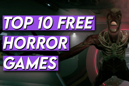 Top 10 free horror games on Steam thumbnail with purple text and a creepy monster in a dark sci-fi hallway