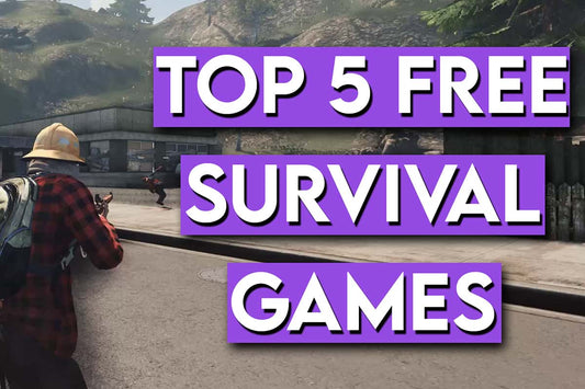 Top 5 free survival games thumbnail featuring player aiming gun in open world environment with bold purple title text