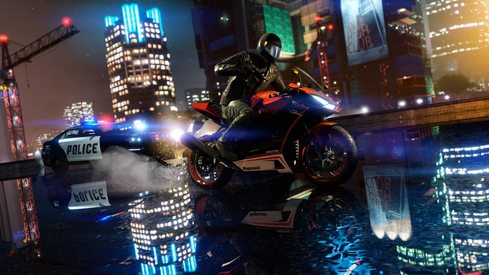 A motorcycle rider speeding through a neon-lit city at night while being chased by police cars, with reflections on the wet street.