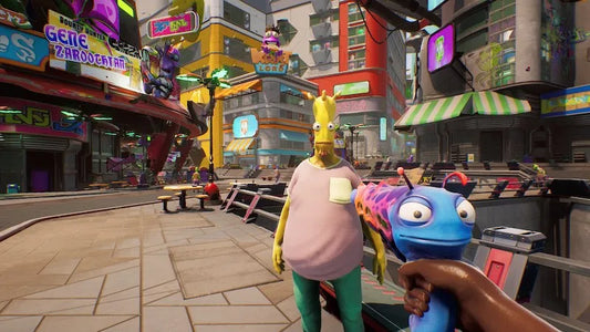 Screenshot of a colorful sci-fi city scene from High on Life, showing a yellow alien NPC in a pink shirt standing in front of the player, who is holding a blue cartoonish alien gun in a vibrant futuristic marketplace.
