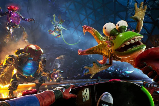 Action scene from High on Life showing a colorful alien creature lunging toward the player inside a futuristic dome arena, while other enemies and robots attack in the background.