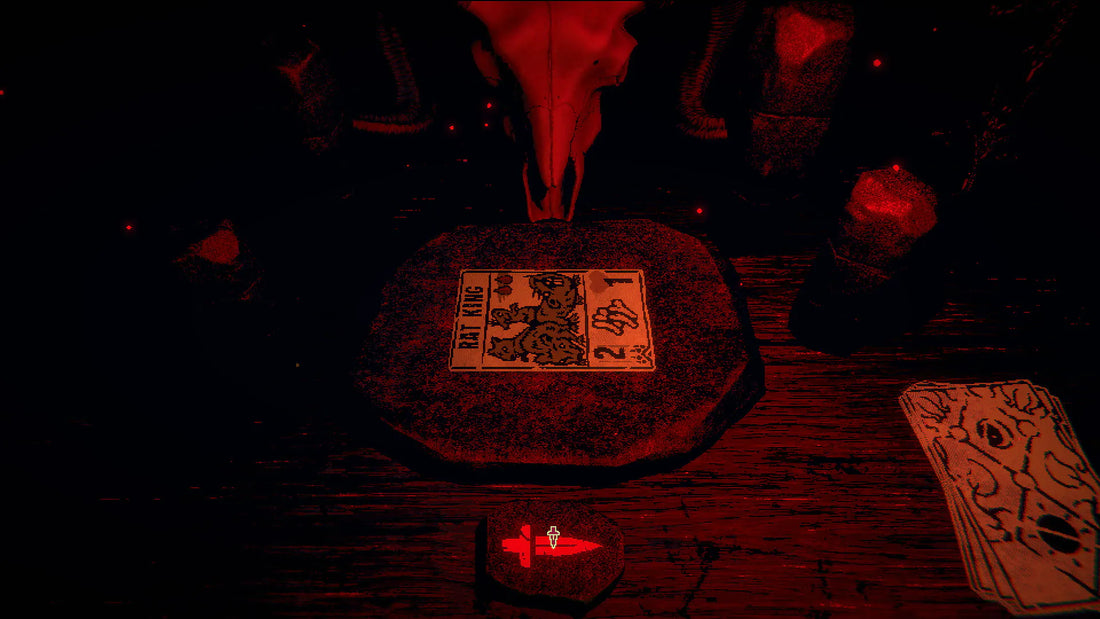 Rat king card on a table in a dark room