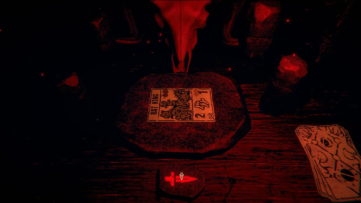 Dark red scene from Inscryption showing the Rat King card on a stone altar beneath a skull, with the player’s deck and scales visible on the table.