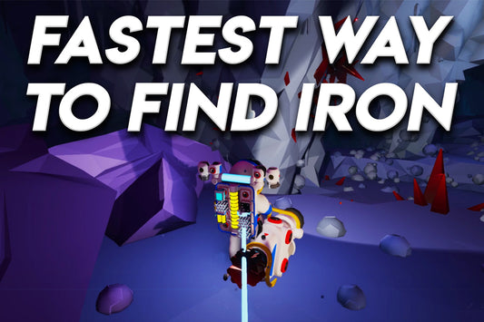 Fastest Way to Find Iron thumbnail in Astroneer featuring a character mining Hematite inside a cave with bold white overlay text.