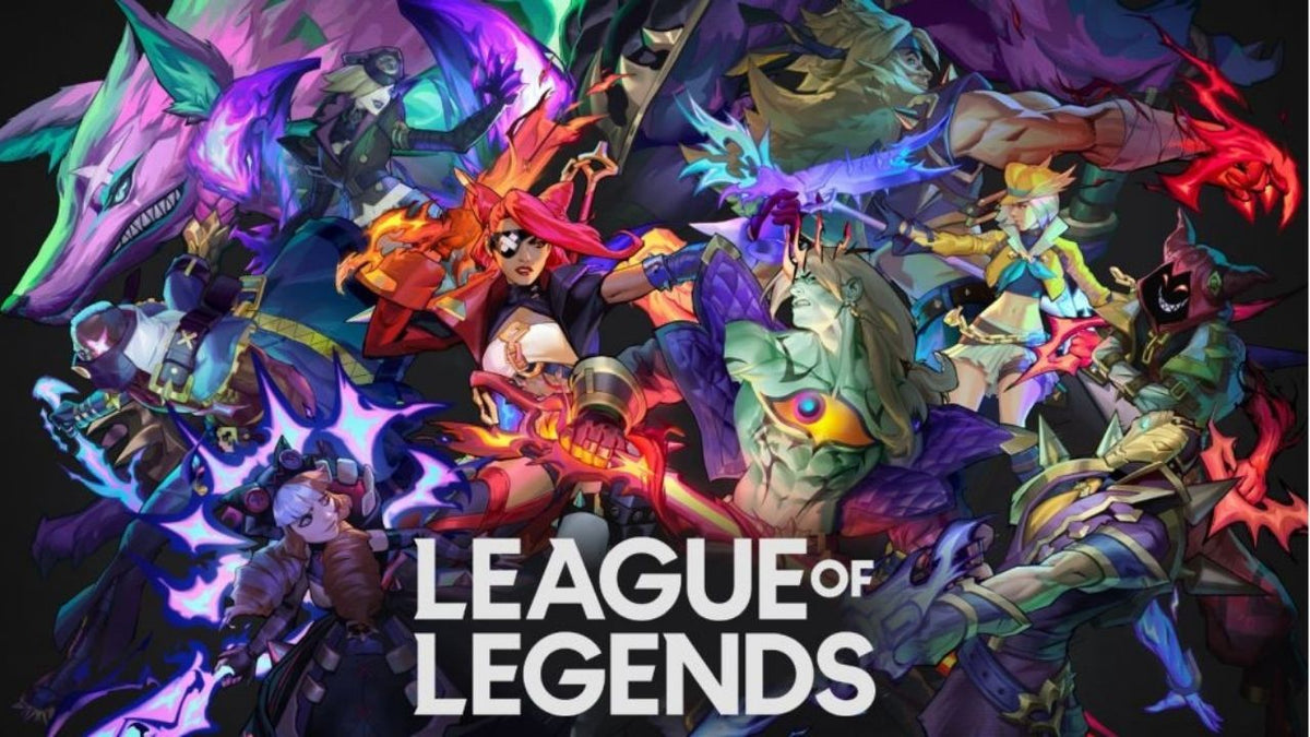 League of Legends artwork featuring multiple champions with glowing weapons and magic posed around the League of Legends logo.