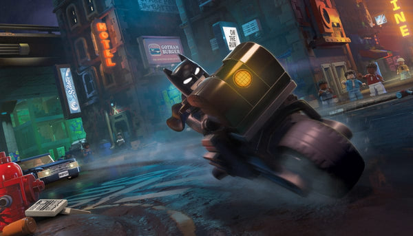 LEGO Batman rides a motorcycle through a rainy Gotham City street, with neon signs, wet pavement, and LEGO minifigures in the background.