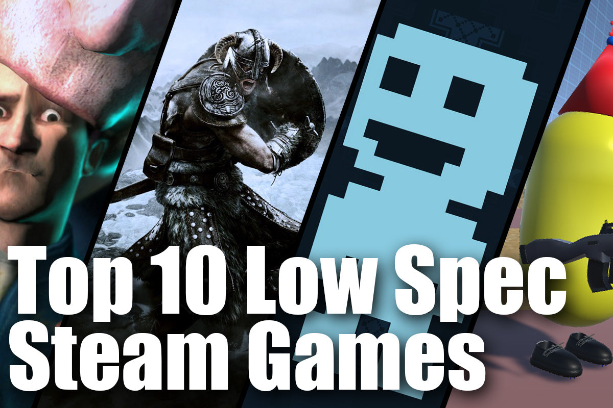 Top 10 low spec Steam games thumbnail featuring multiple game visuals and bold text.