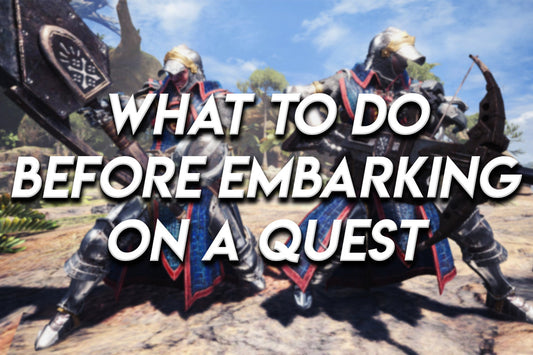 What to Do Before Embarking on a Quest thumbnail featuring two armored hunters ready for battle with bold white overlay text.