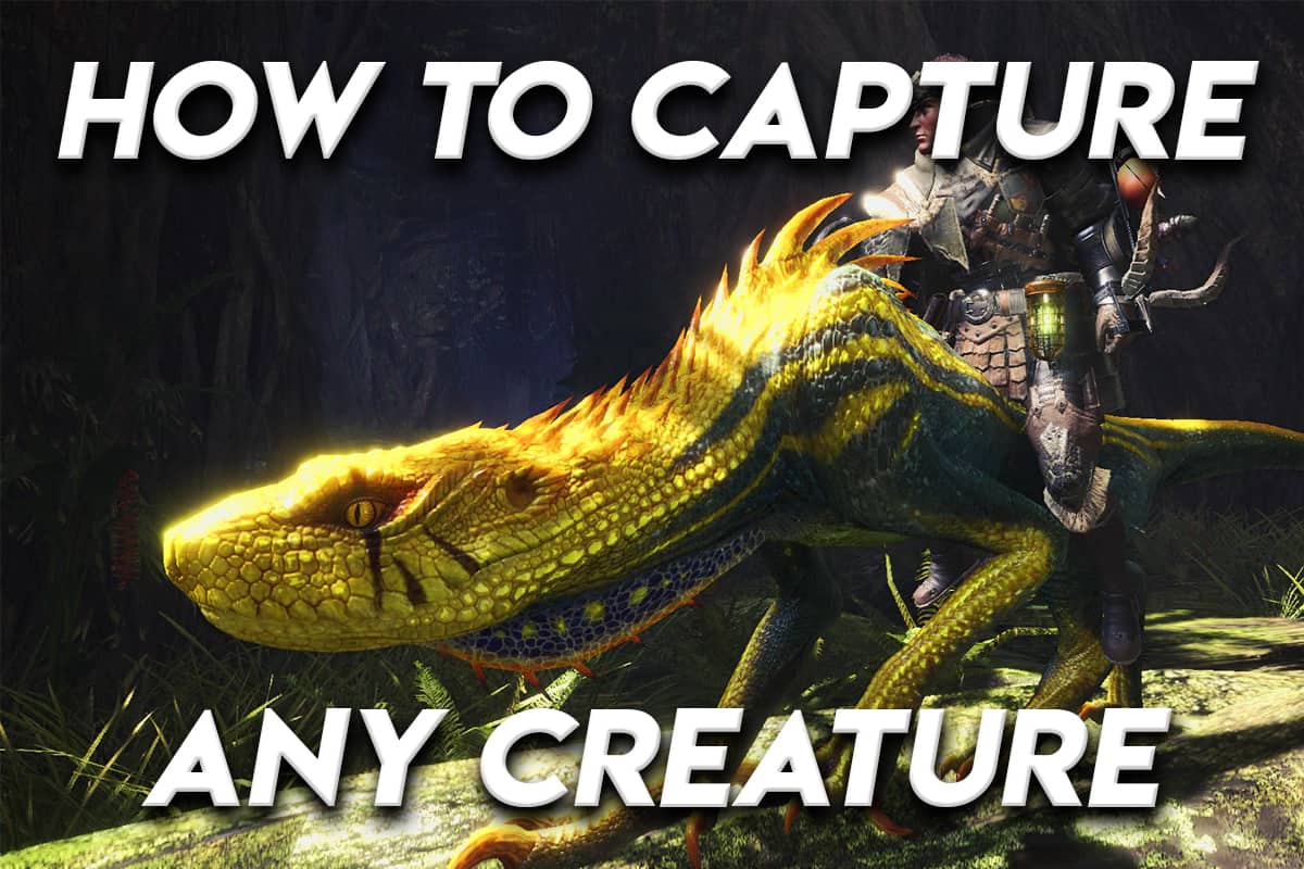 Hunter riding a large glowing yellow reptile creature in a dark forest with bold text reading “How to Capture Any Creature.”