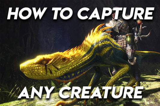 Hunter riding a large glowing yellow reptile creature in a dark forest with bold text reading “How to Capture Any Creature.”