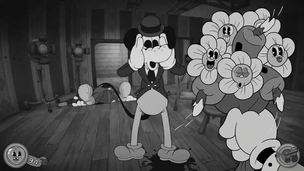 A black and white gameplay screenshot featuring a cartoon dog character in a suit facing a cluster of animated flower enemies inside a wooden room.