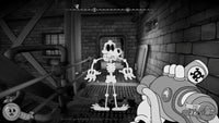 Black-and-white first-person game scene showing a cartoon skeleton character in a brick industrial hallway, with pipes, metal grates, and a stylized weapon visible in the foreground.