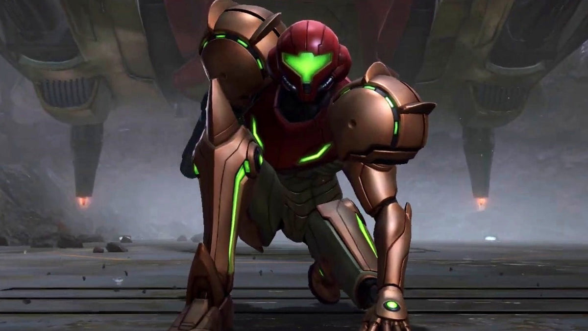 Armored sci-fi character in a red and bronze suit with glowing green accents crouches in a landing pose inside a futuristic environment.