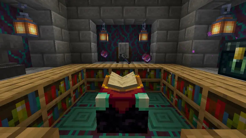 A Minecraft enchanting room setup featuring an enchanting table surrounded by bookshelves, with hanging lanterns above, purple enchanted particles floating nearby, and a nether-themed decorative wall in the background.