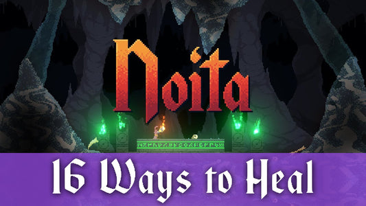 Noita game thumbnail showing cave environment with glowing green torches and text reading 16 ways to heal