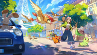 Colorful Pokémon scene with a trainer running through a lively city alongside various Pokémon.