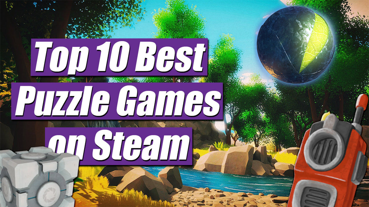 Top 10 best puzzle games on Steam thumbnail with purple text and The Witness environment in the background