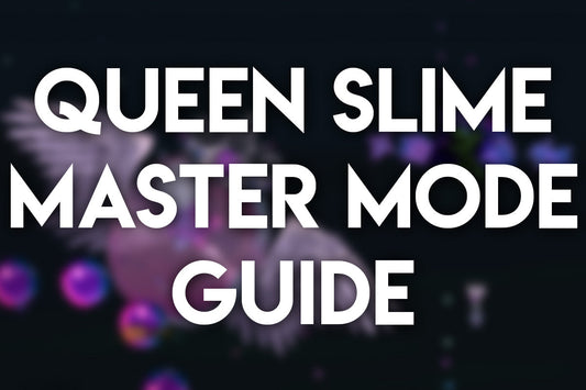 Blurred Terraria boss fight showing Queen Slime in the background with large overlay text reading “Queen Slime Master Mode Guide.”