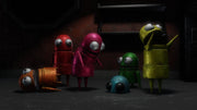 Colorful cartoon-style robots with large eyes standing in a dim industrial room, with two robot parts lying on the floor while the others look down at them.