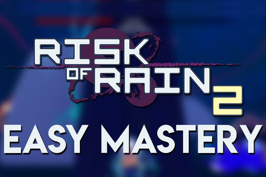 Risk of Rain 2 easy mastery thumbnail with game logo and bold text on blurred gameplay background