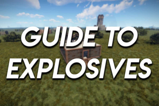 Rust gameplay thumbnail showing a small base in a grassy field with the large text “Guide to Explosives” over the image.