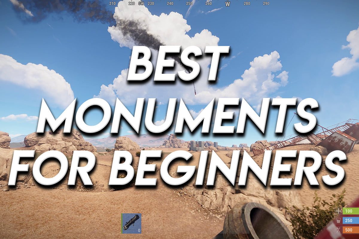 Large bold text reading “BEST MONUMENTS FOR BEGINNERS” over a desert landscape in Rust, with rocky terrain, blue sky, and a distant monument structure in the background.