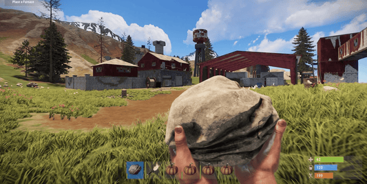 player in rust holding rock