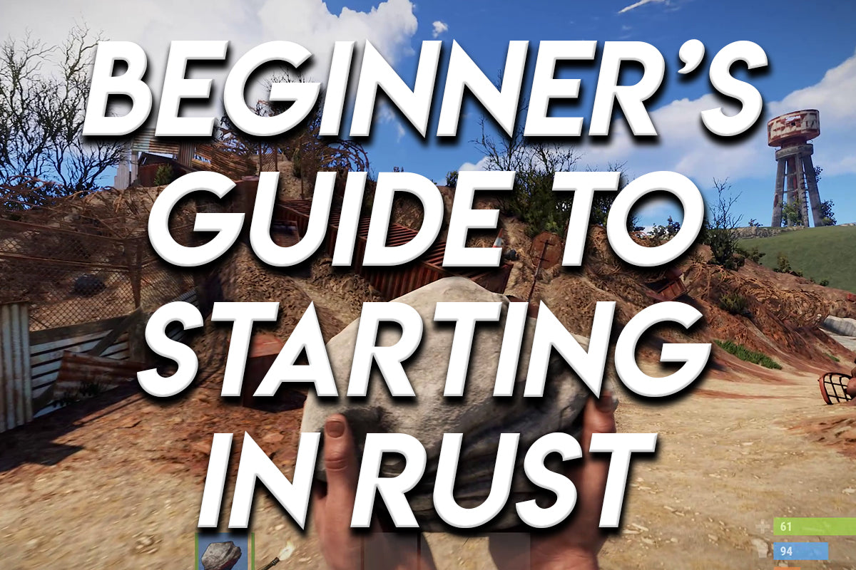 Rust player holding a rock near a junkyard area with text reading “Beginner’s Guide to Starting in Rust.”