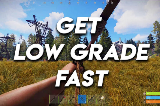 Rust player holding a bow in a grassy field near power lines with large overlay text reading “Get Low Grade Fast.”