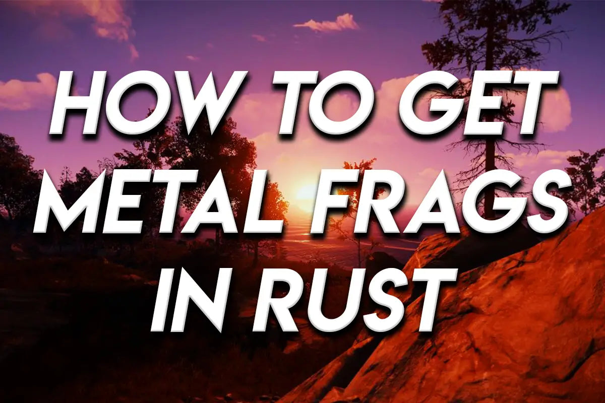 How to get metal frags in Rust text over a sunset landscape from the game.