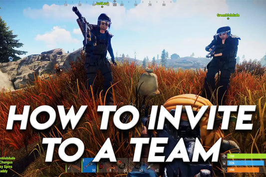 Rust players standing in a grassy field with name tags visible and large overlay text reading “How to Invite to a Team.”