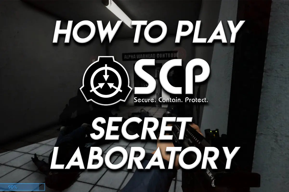 Thumbnail with bold white text reading “How to Play SCP Secret Laboratory,” featuring the SCP logo over a dark facility hallway and a first-person character holding a weapon.