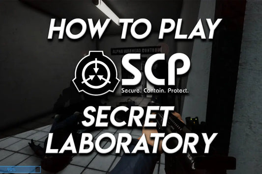 Thumbnail with bold white text reading “How to Play SCP Secret Laboratory,” featuring the SCP logo over a dark facility hallway and a first-person character holding a weapon.