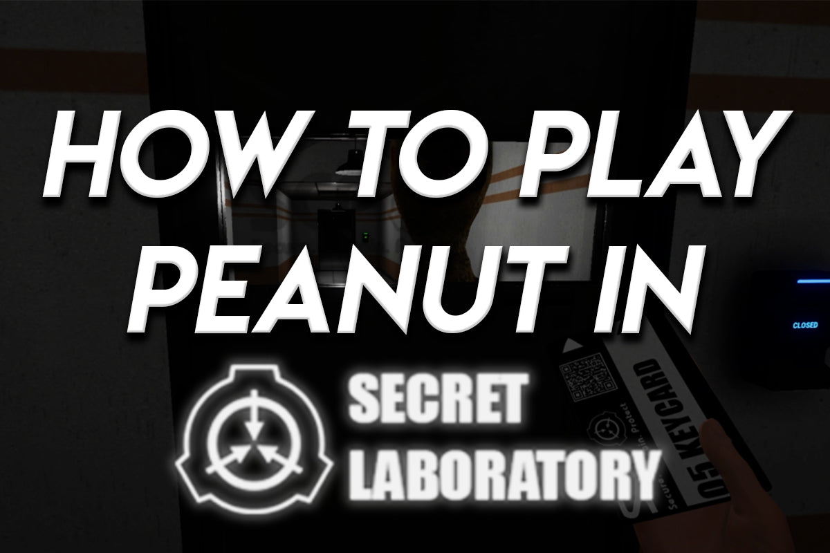 Thumbnail with bold white text reading “How to Play Peanut in Secret Laboratory” over a dark SCP: Secret Laboratory hallway scene with the SCP logo and a keycard visible in the foreground.
