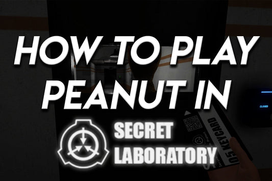 Thumbnail with bold white text reading “How to Play Peanut in Secret Laboratory” over a dark SCP: Secret Laboratory hallway scene with the SCP logo and a keycard visible in the foreground.