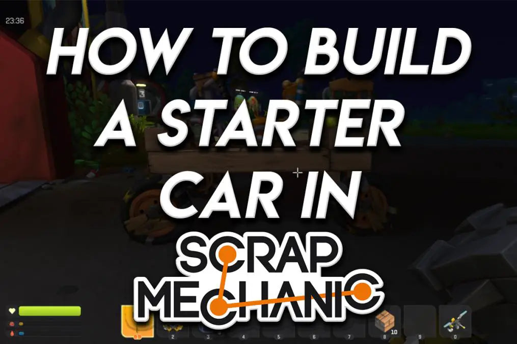 How to build a starter car in Scrap Mechanic tutorial thumbnail with a small wooden car.