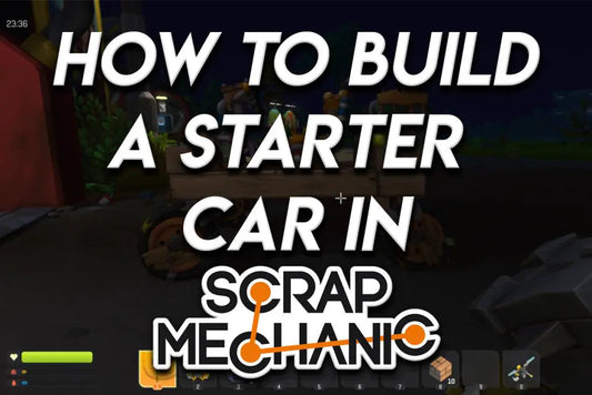 Scrap Mechanic starter vehicle at night with large overlay text reading “How to Build a Starter Car in Scrap Mechanic.”