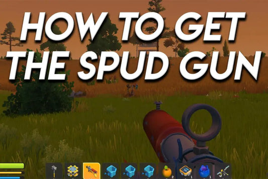 Scrap Mechanic gameplay showing a player holding a Spud Gun in a grassy field with large overlay text reading “How to Get the Spud Gun.”
