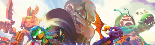 Colorful fantasy-style illustration featuring a group of stylized characters, including a large gorilla, a small dragon, and various quirky creatures in vibrant armor and costumes, set against a bright, dynamic background.