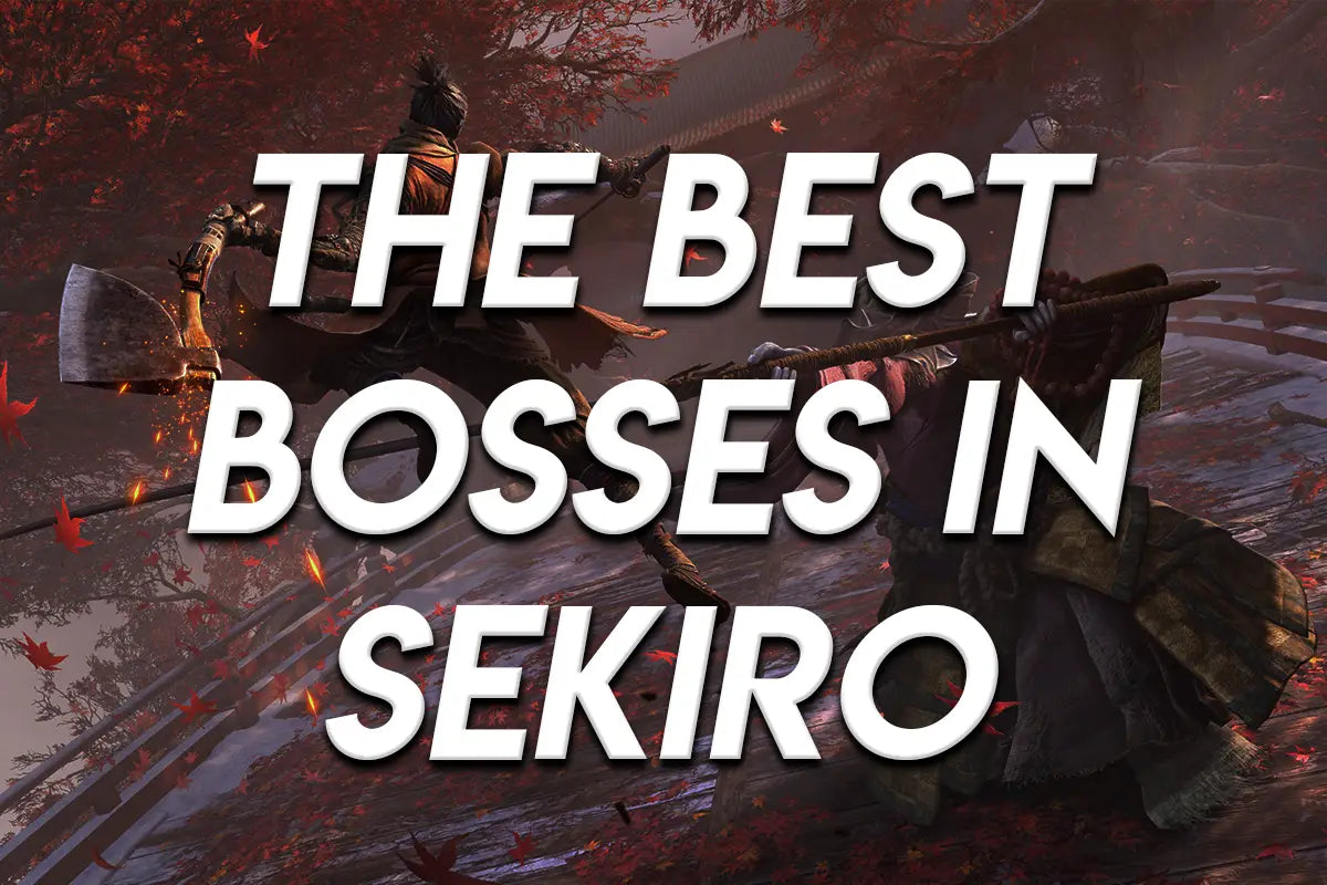 Sekiro fights a spear-wielding enemy on a rooftop surrounded by red autumn leaves with text reading "The Best Bosses in Sekiro."