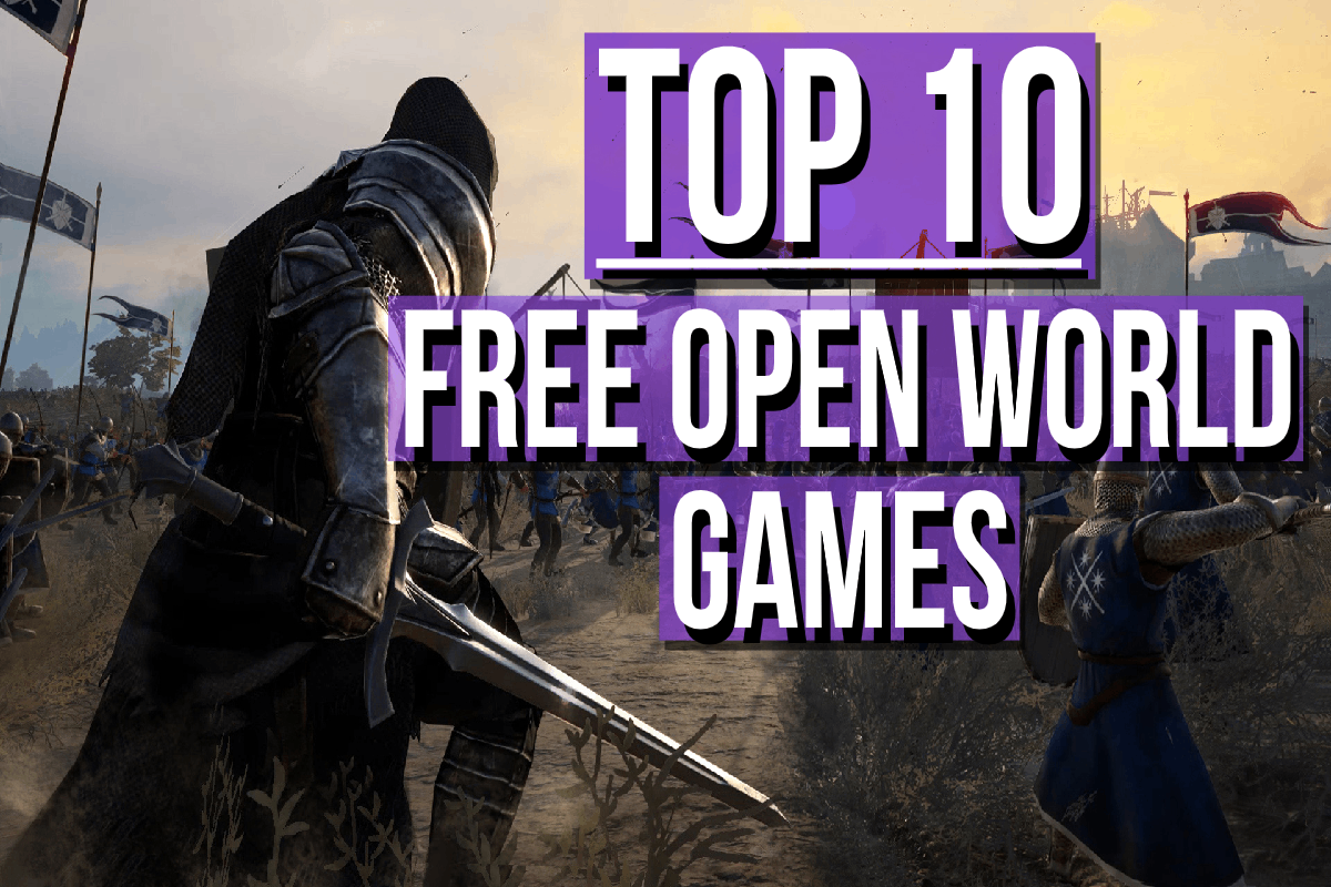 Top 10 free open world games thumbnail featuring medieval battle scene with armored knight and large bold title text