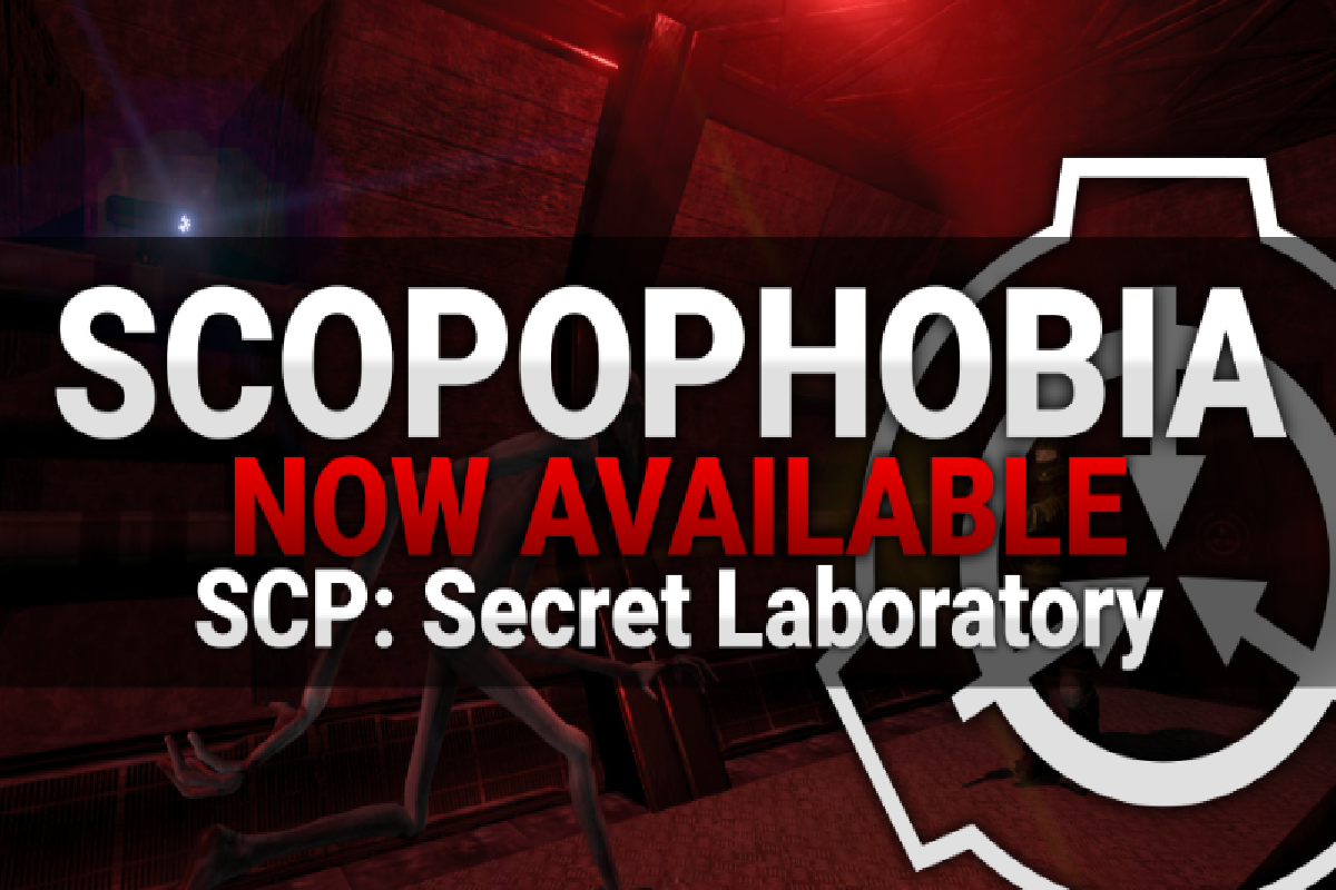 Red-lit SCP Secret Laboratory scene with “Scopophobia Now Available” text overlay.