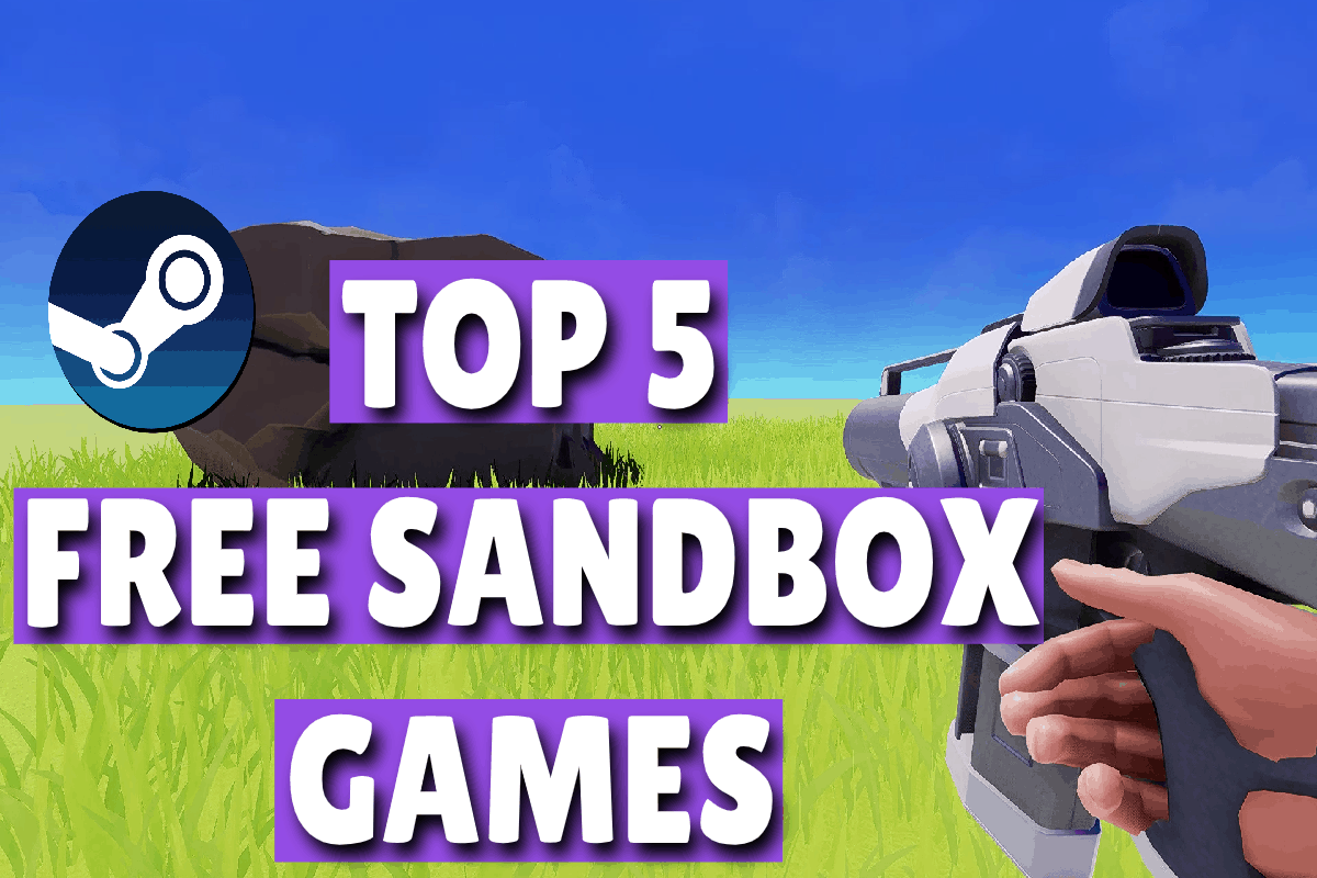 Bright sandbox game scene with bold text reading “Top 5 Free Sandbox Games” and a player holding a tool.