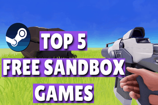 Bright sandbox game scene with bold text reading “Top 5 Free Sandbox Games” and a player holding a tool.