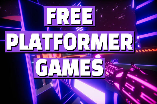 Free platformer games thumbnail with neon futuristic gameplay and bold text overlay
