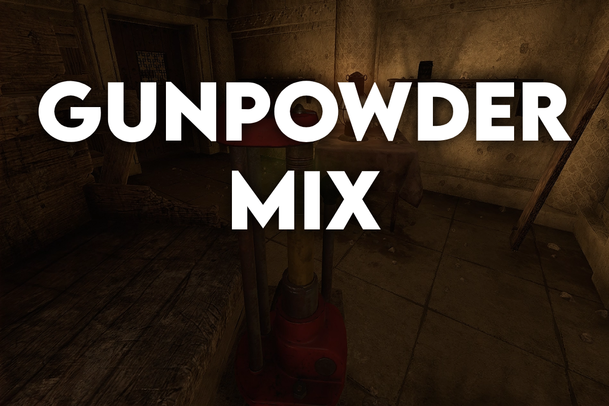 Amnesia Rebirth puzzle scene showing a gunpowder mixing station with bold “Gunpowder Mix” text.