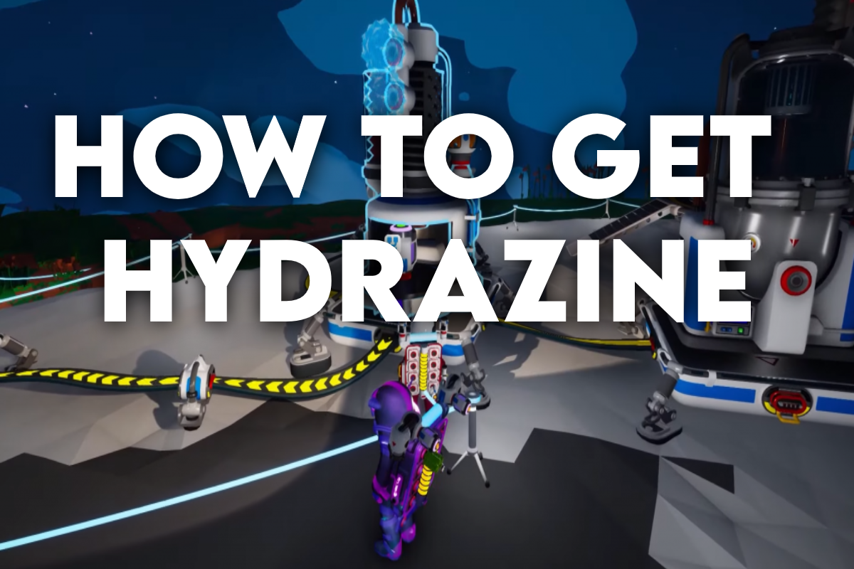 Astroneer base with a Chemistry Lab producing Hydrazine while a player character stands nearby, with large text overlay reading “How to Get Hydrazine”.