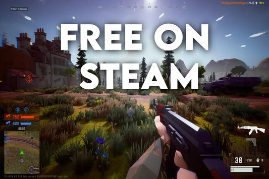 First-person shooter gameplay scene with large text reading “Free on Steam,” highlighting free multiplayer games available on Steam.