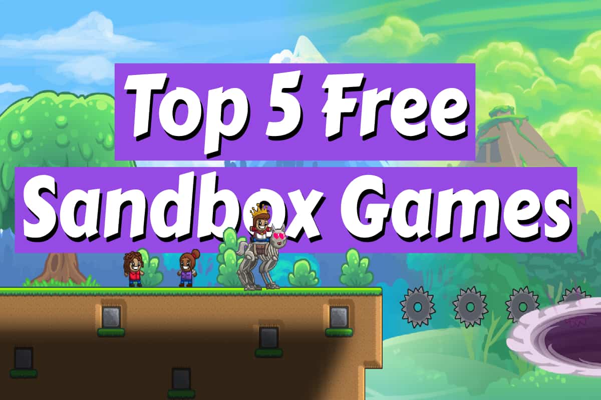 Thumbnail with bold text “Top 5 Free Sandbox Games” over a colorful platformer-style background with characters and obstacles.