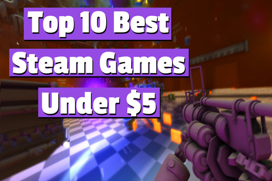 Top 10 best Steam games under 5 dollars thumbnail with colorful shooter gameplay background
